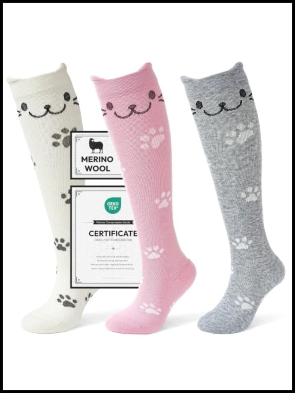 Merino Wool Compression Socks Women Cat Knee-High 15-20 mmHg